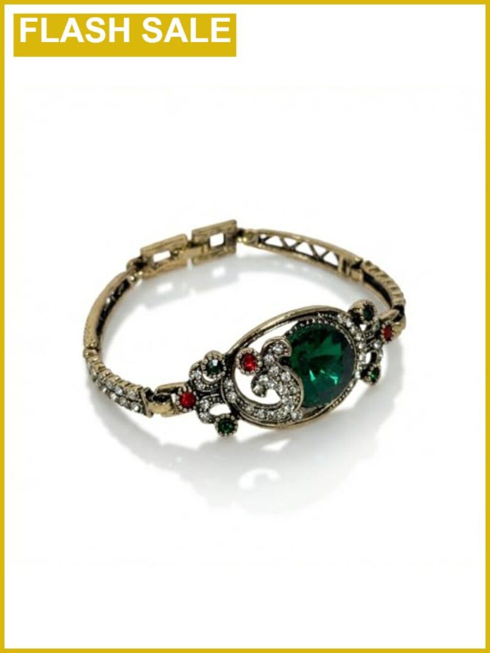 Vintage Green Crystal Bangle Bracelet Antique Gold Plated Alloy Women